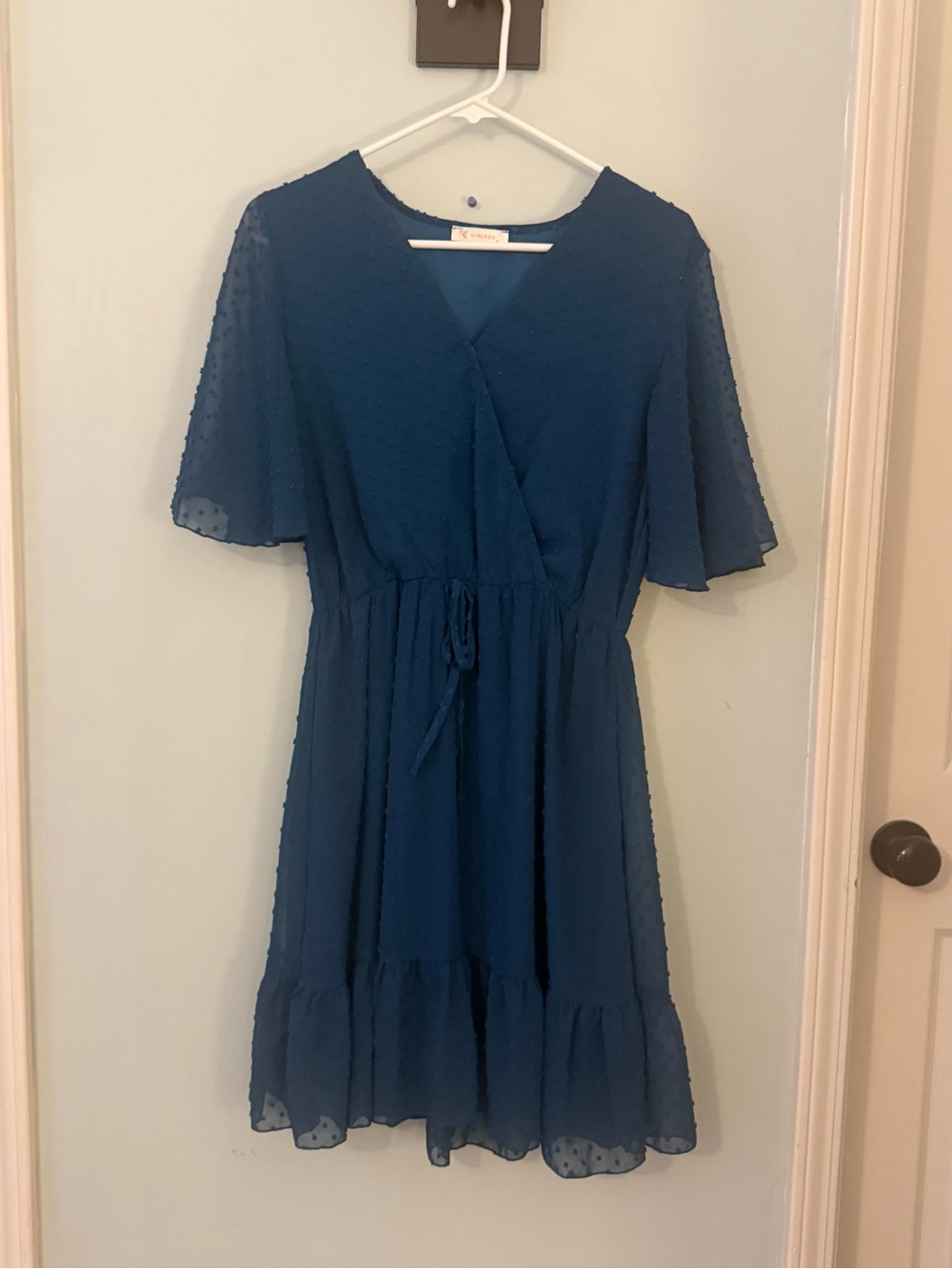 Chiffon Wrap-Style Navy Blue Tie-Waist Midi Dress
